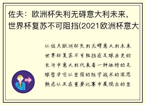 佐夫：欧洲杯失利无碍意大利未来，世界杯复苏不可阻挡(2021欧洲杯意大利独赢)