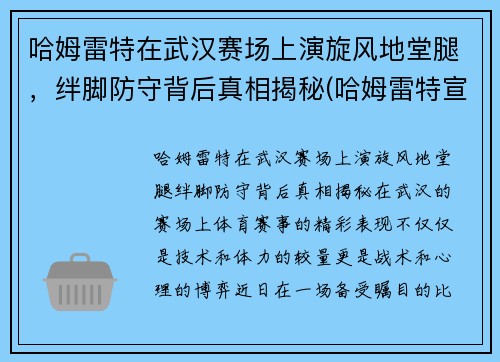 哈姆雷特在武汉赛场上演旋风地堂腿，绊脚防守背后真相揭秘(哈姆雷特宣传片)
