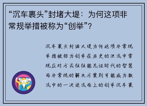 “沉车裹头”封堵大堤：为何这项非常规举措被称为“创举”？