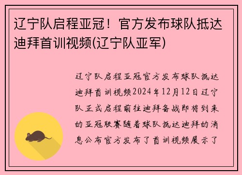 辽宁队启程亚冠！官方发布球队抵达迪拜首训视频(辽宁队亚军)