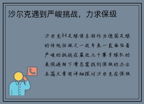 沙尔克遇到严峻挑战，力求保级