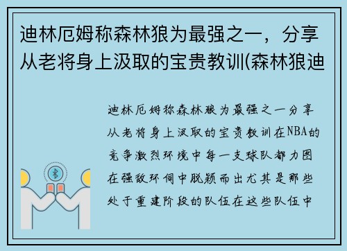 迪林厄姆称森林狼为最强之一，分享从老将身上汲取的宝贵教训(森林狼迪奥普)