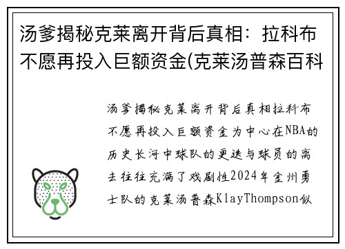 汤爹揭秘克莱离开背后真相：拉科布不愿再投入巨额资金(克莱汤普森百科)