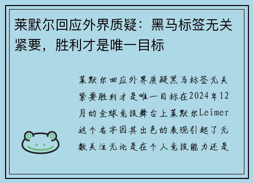 莱默尔回应外界质疑：黑马标签无关紧要，胜利才是唯一目标