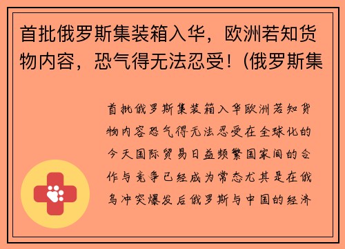首批俄罗斯集装箱入华，欧洲若知货物内容，恐气得无法忍受！(俄罗斯集装箱运输公司)