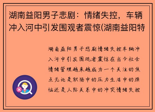湖南益阳男子悲剧：情绪失控，车辆冲入河中引发围观者震惊(湖南益阳特大车祸)